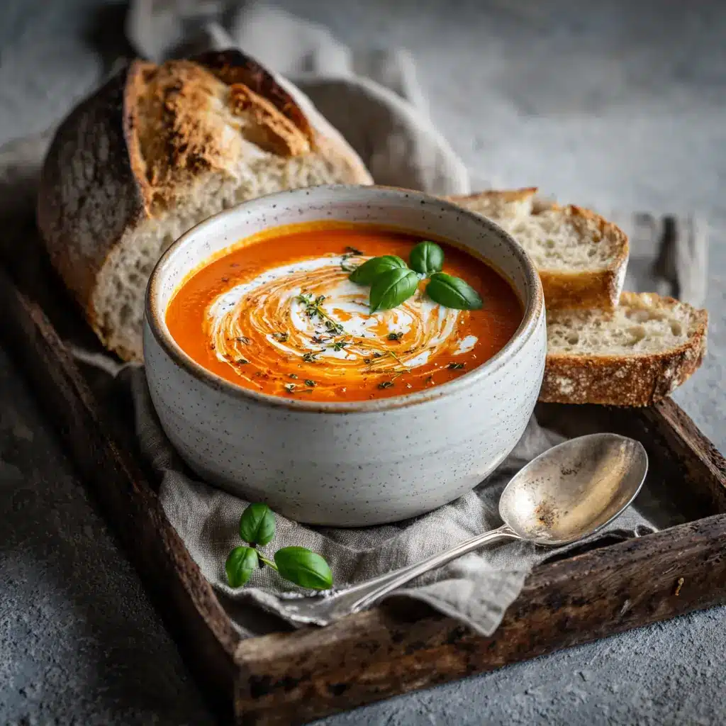 Bowl of Cottage Cheese Tomato Soup with swirl of cream and sliced bread