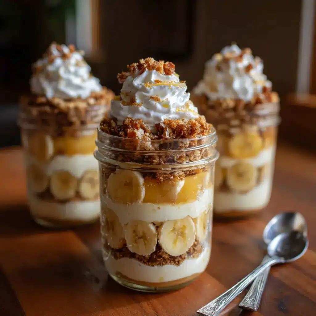 Cottage Cheese Banana Pudding layered in mason jars with bananas, granola, and whipped cream Cottage Cheese Banana Pudding layered in mason jars with bananas, granola, and whipped cream