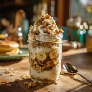 Cottage Cheese Banana Pudding parfait layered with bananas, granola, whipped cream, and honey drizzle in a mason jar