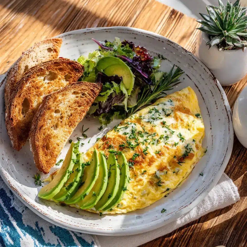 Cottage cheese omelet with avocado slices, toast, and salad on a white plate