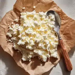 Dry curd cottage cheese on brown parchment paper with vintage spoon