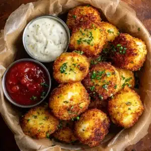 Golden cottage cheese mozzarella bites with ranch and marinara dips in parchment bowl