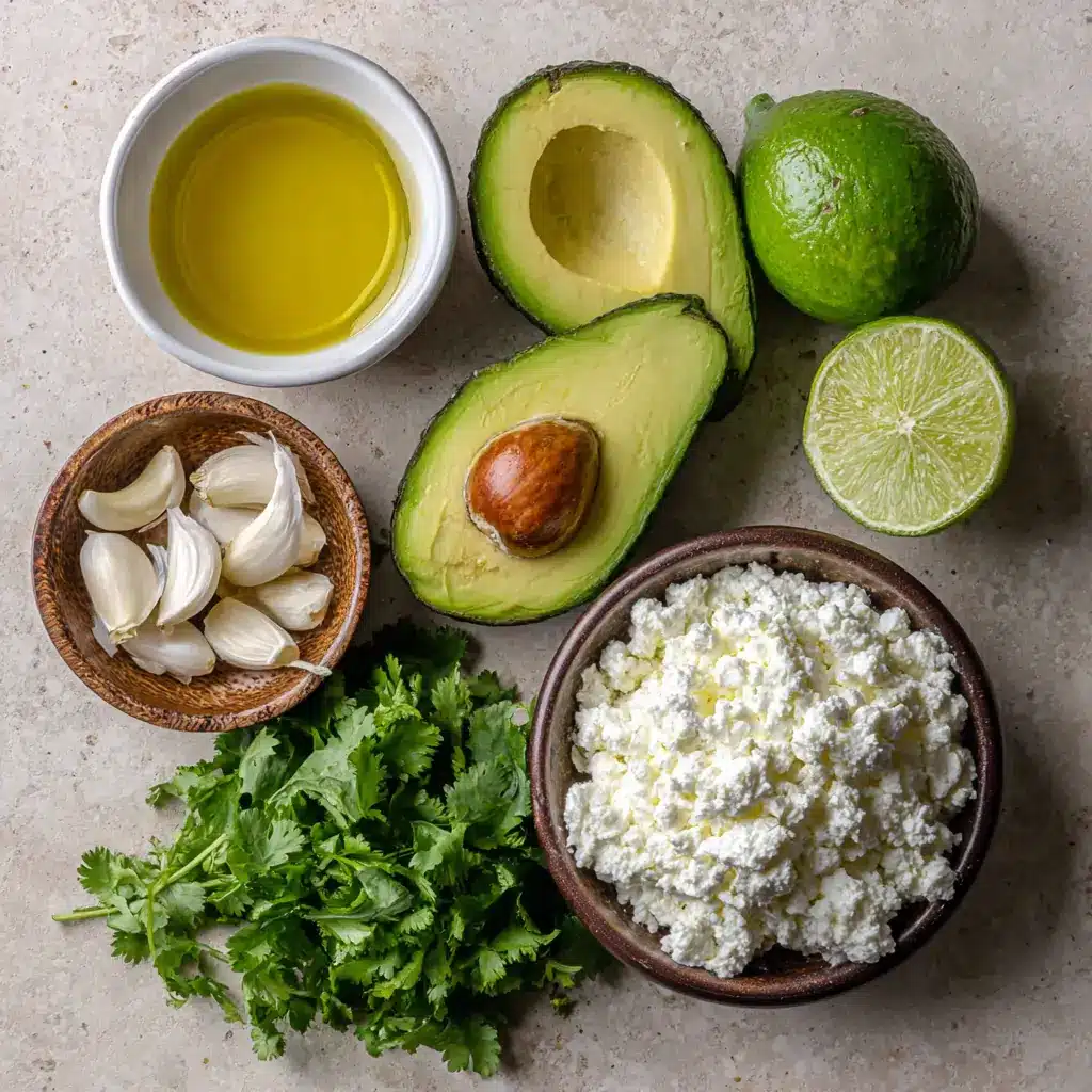 Ingredients for avocado cottage cheese dip recipe