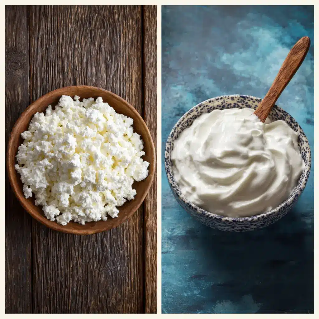 Side-by-side comparison of fat free cottage cheese nutrition and Greek yogurt in bowls