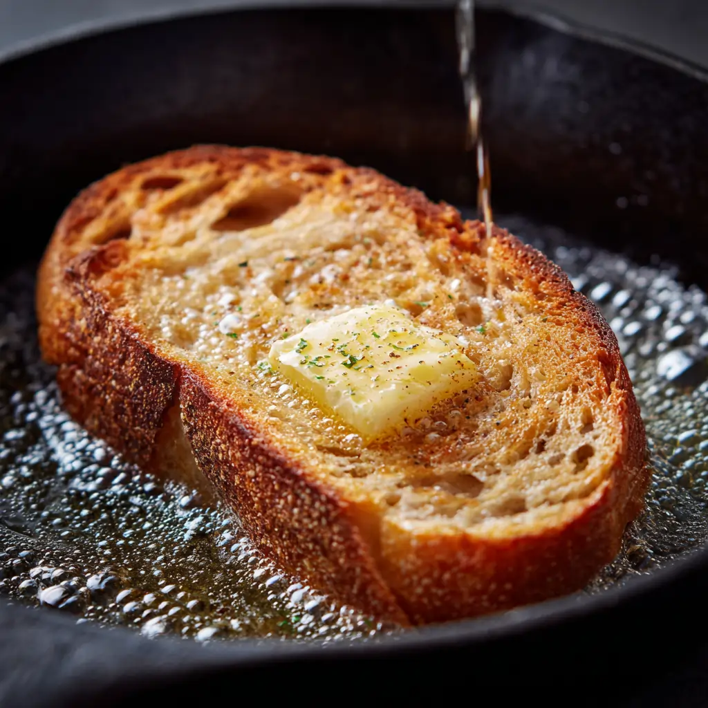 Toasting sourdough for Tuna and Jalapeño Cottage Cheese Toast in a cast iron pan