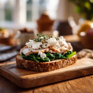 Turkey spinach cottage cheese toast on a wooden board with thyme garnish