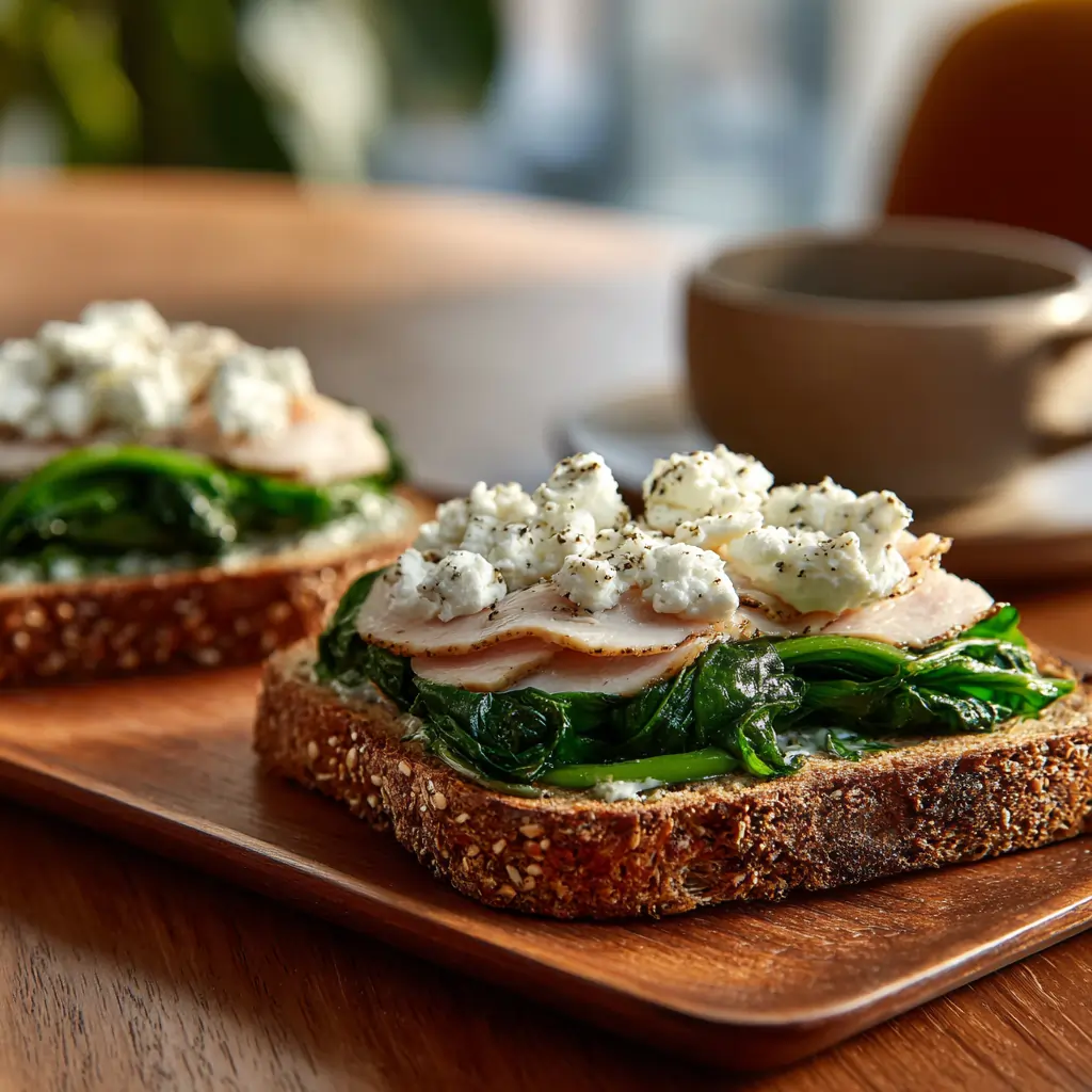 Turkey spinach cottage cheese toast served fresh on whole grain bread