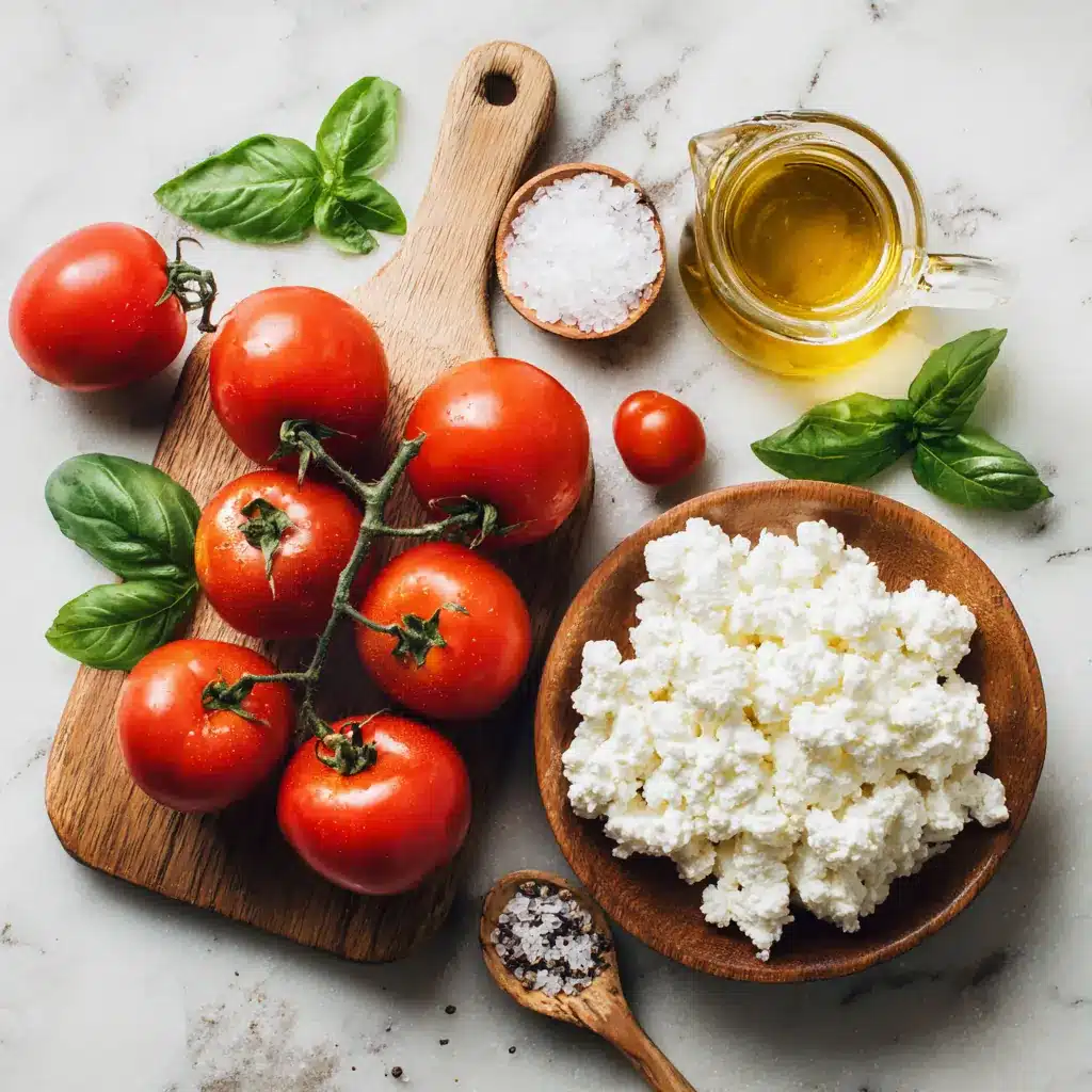 ingredients for cottage cheese and tomatoes including fresh basil, vine tomatoes, and olive oil