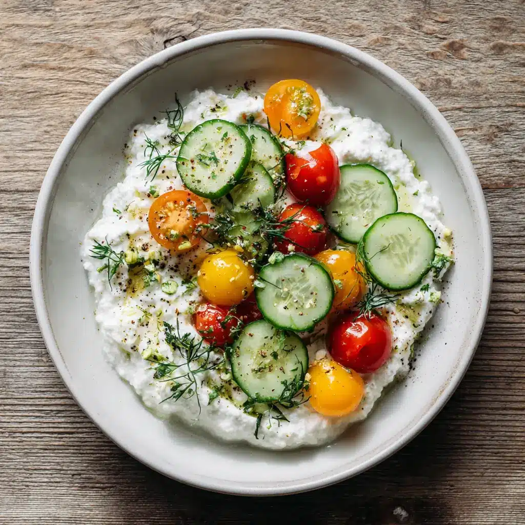 low sodium cottage cheese topped with cherry tomatoes, cucumber, and dill