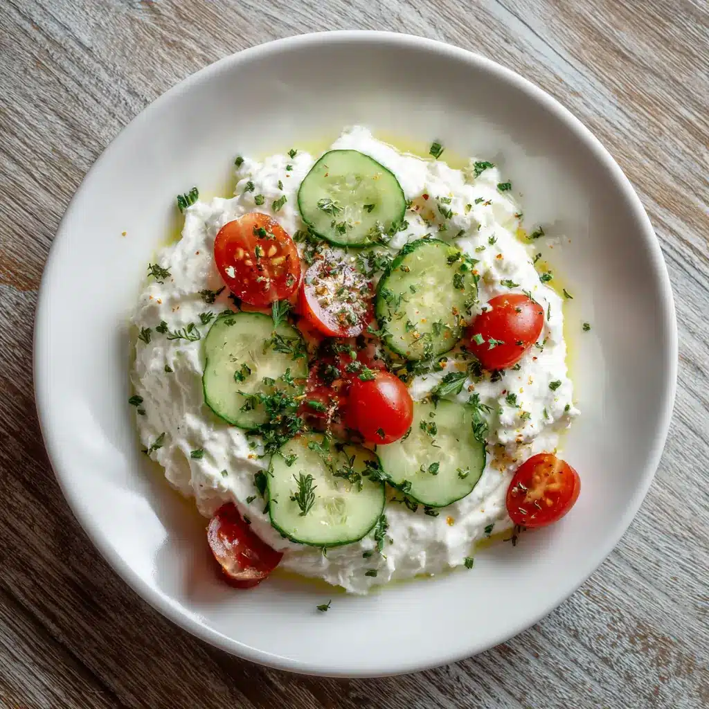 low sodium whipped cottage cheese topped with cucumbers, cherry tomatoes, and herbs