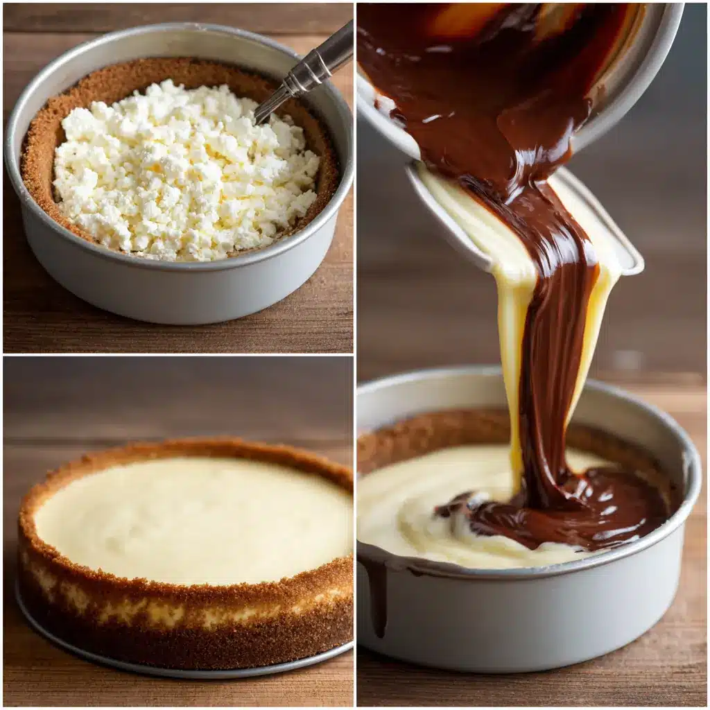 Step-by-step collage of making chocolate cottage cheese cheesecake