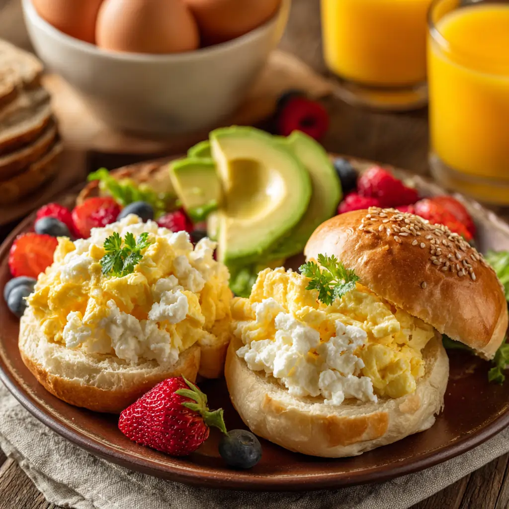 serving fluffy cottage cheese buns with scrambled eggs and fruit