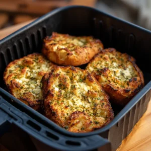 Air Fryer Cottage Cheese Garlic Bread slices with golden crust inside fryer basket