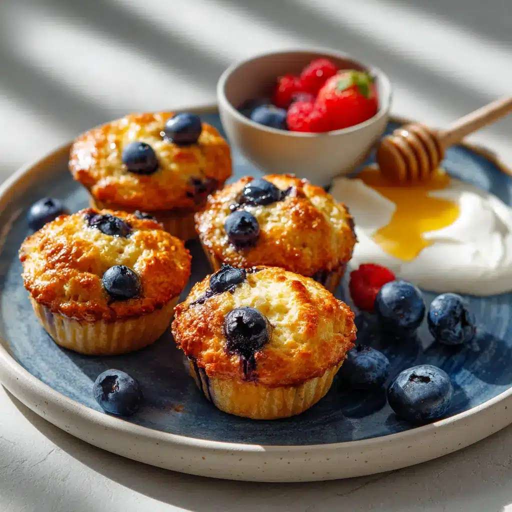 Air fryer cottage cheese muffins blueberry served with yogurt, honey, and fresh berries