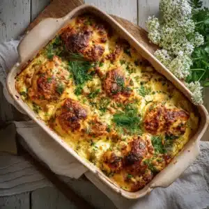 Baked chicken and cottage cheese casserole topped with fresh herbs in a rustic dish