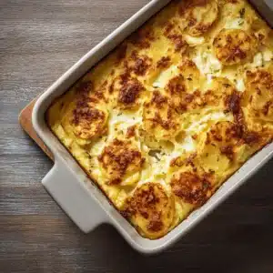 Close-up of baked potato and cottage cheese casserole with golden crust