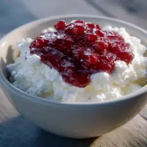 Close-up of cottage cheese topped with strawberry jam in a bowl on a wooden table