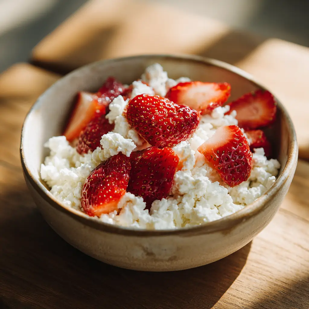 Cottage cheese and strawberries keto bowl in natural sunlight