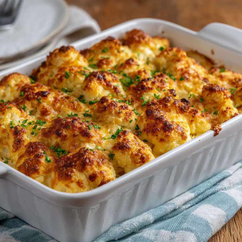 Freshly baked cauliflower and cottage cheese casserole in white dish