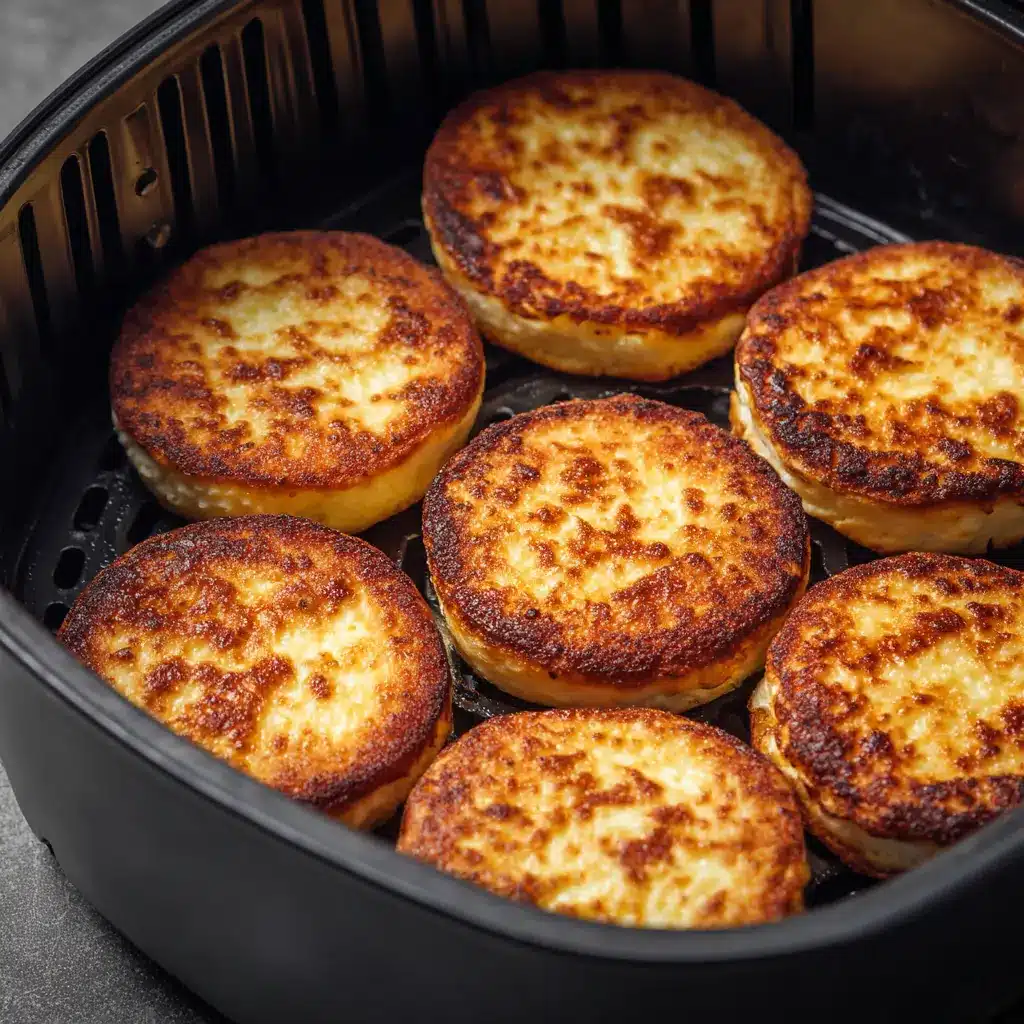 Golden brown cottage cheese pancakes cooking in an air fryer basket
