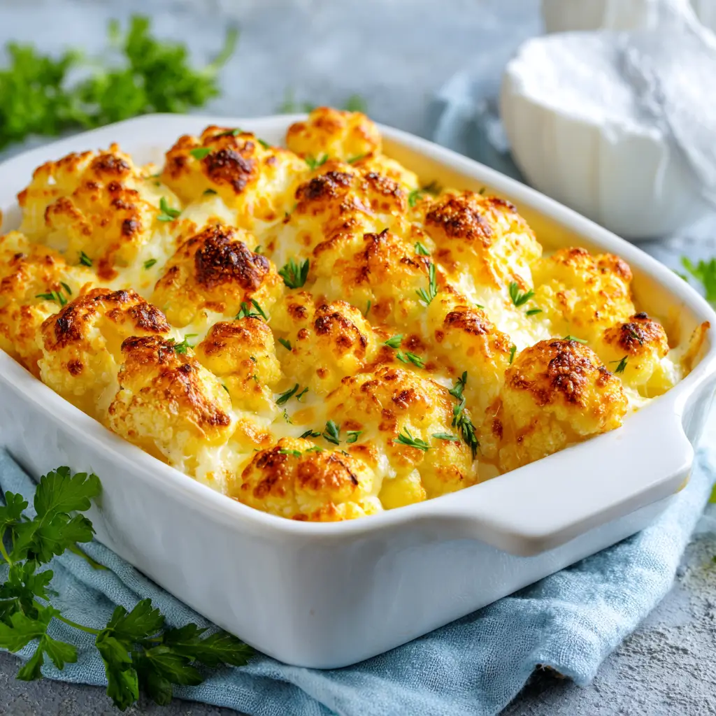 Golden cauliflower and cottage cheese casserole in a white dish with fresh herbs