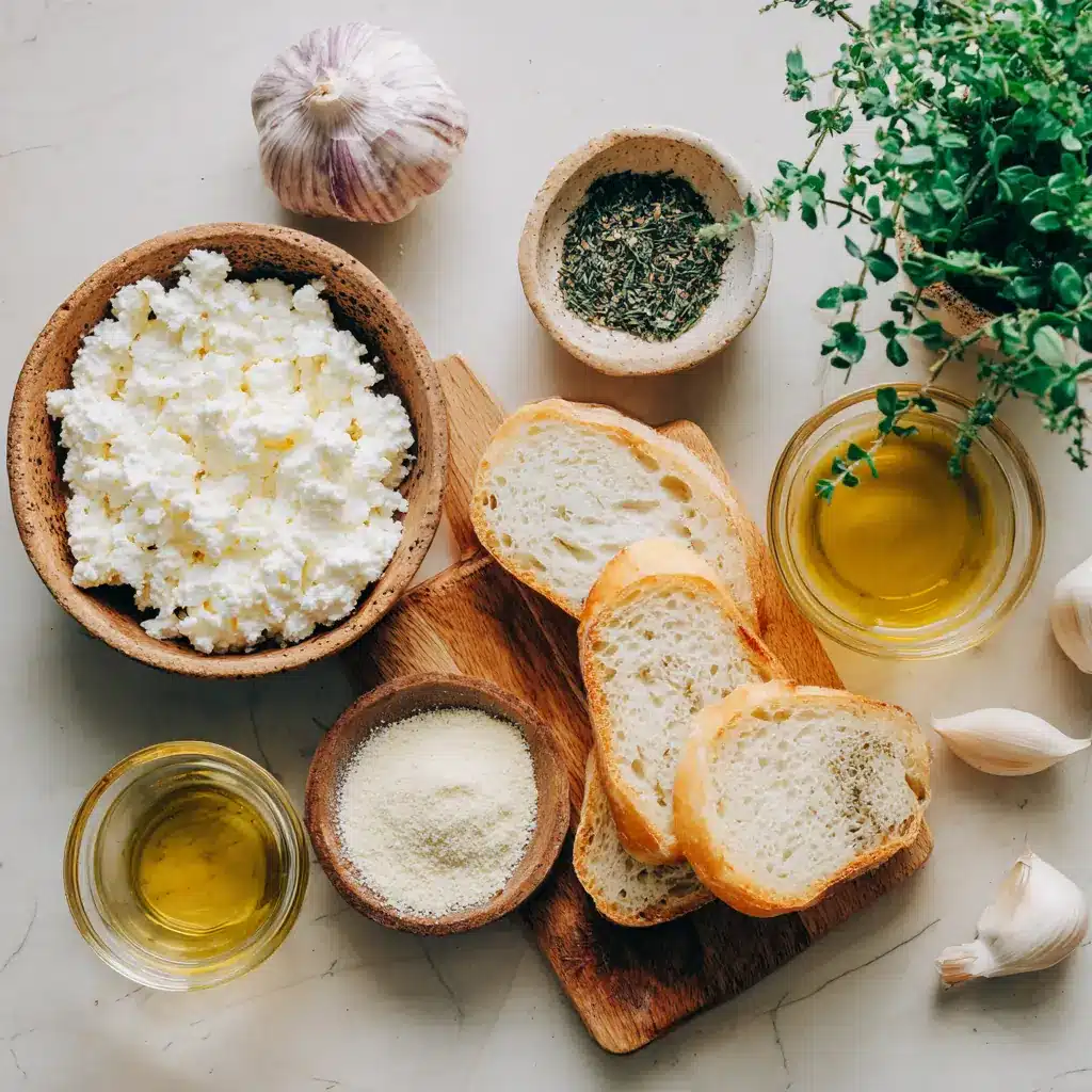 Ingredients for Air Fryer Cottage Cheese Garlic Bread including cottage cheese, garlic, herbs, parmesan, bread, and olive oil