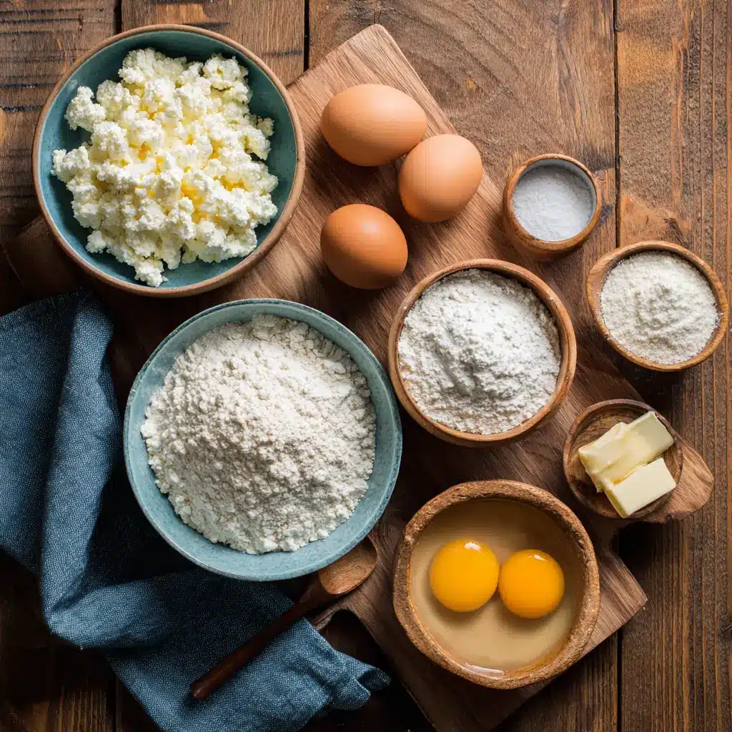 Ingredients for air fryer cottage cheese pancakes on wood board