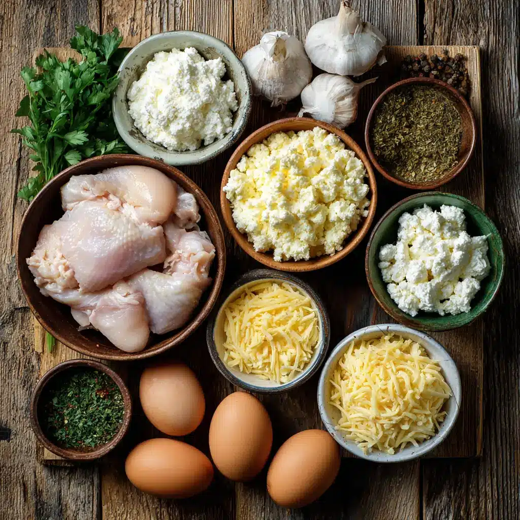 Ingredients for chicken and cottage cheese casserole including raw chicken, cottage cheese, shredded cheese, eggs, garlic, and herbs