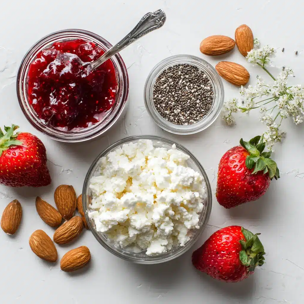 Ingredients for cottage cheese and strawberry jam including almonds, chia seeds, and fresh strawberries Ingredients for cottage cheese and strawberry jam including almonds, chia seeds, and fresh strawberries