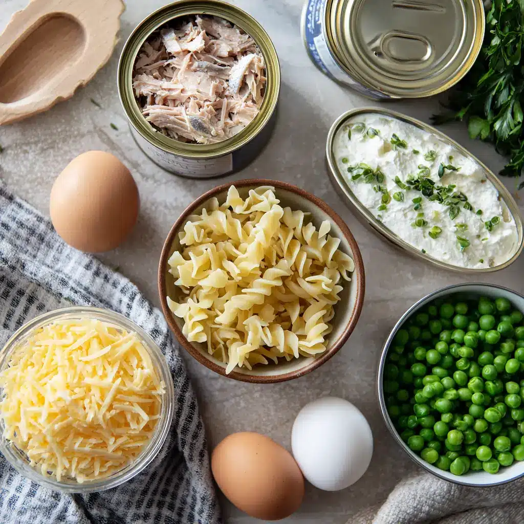 Ingredients for tuna and cottage cheese casserole on kitchen counter