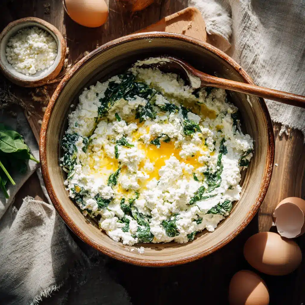 Mixing cottage cheese, spinach, and eggs in a rustic bowl Mixing cottage cheese, spinach, and eggs in a rustic bowl