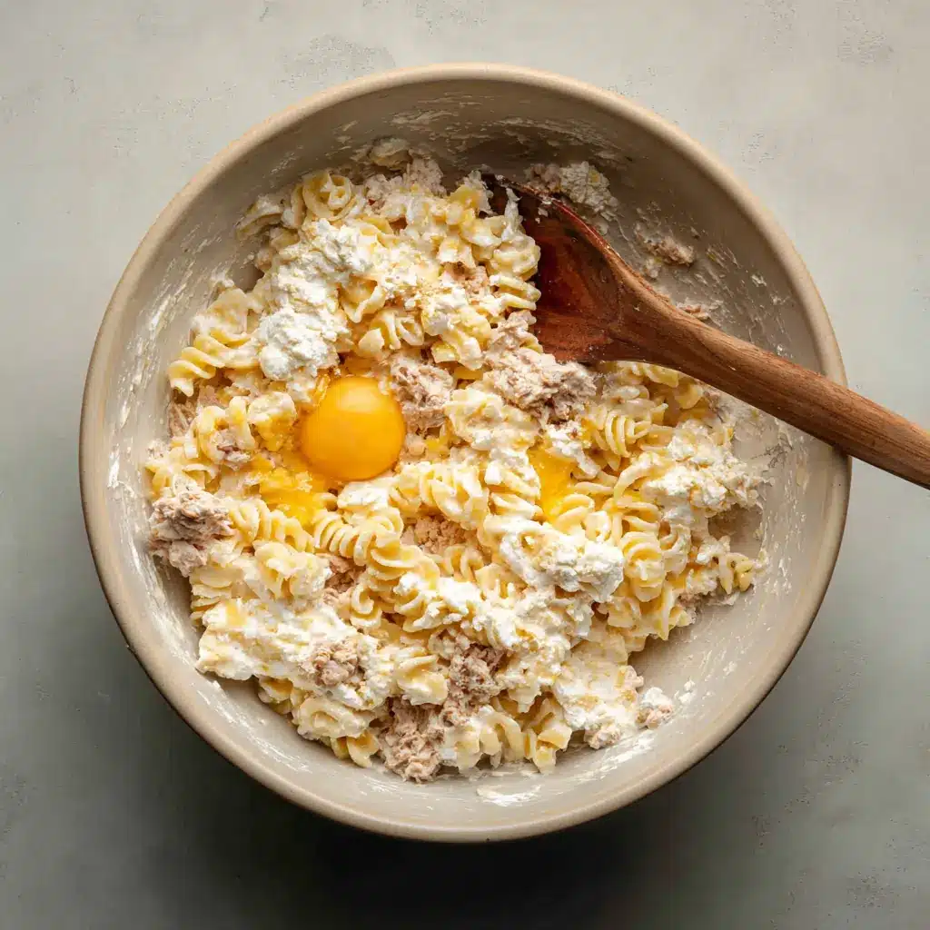 Mixing tuna and cottage cheese with pasta and egg in a bowl