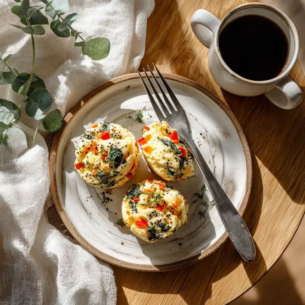 Plated air fryer cottage cheese egg bites on a ceramic plate with coffee
