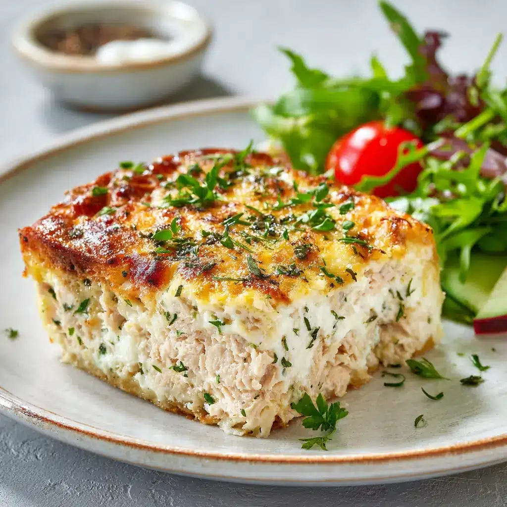 Plated slice of tuna and cottage cheese casserole with salad