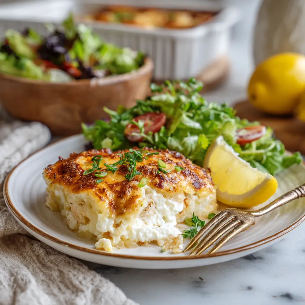Slice of chicken and cottage cheese casserole served with lemon and salad on a plate
