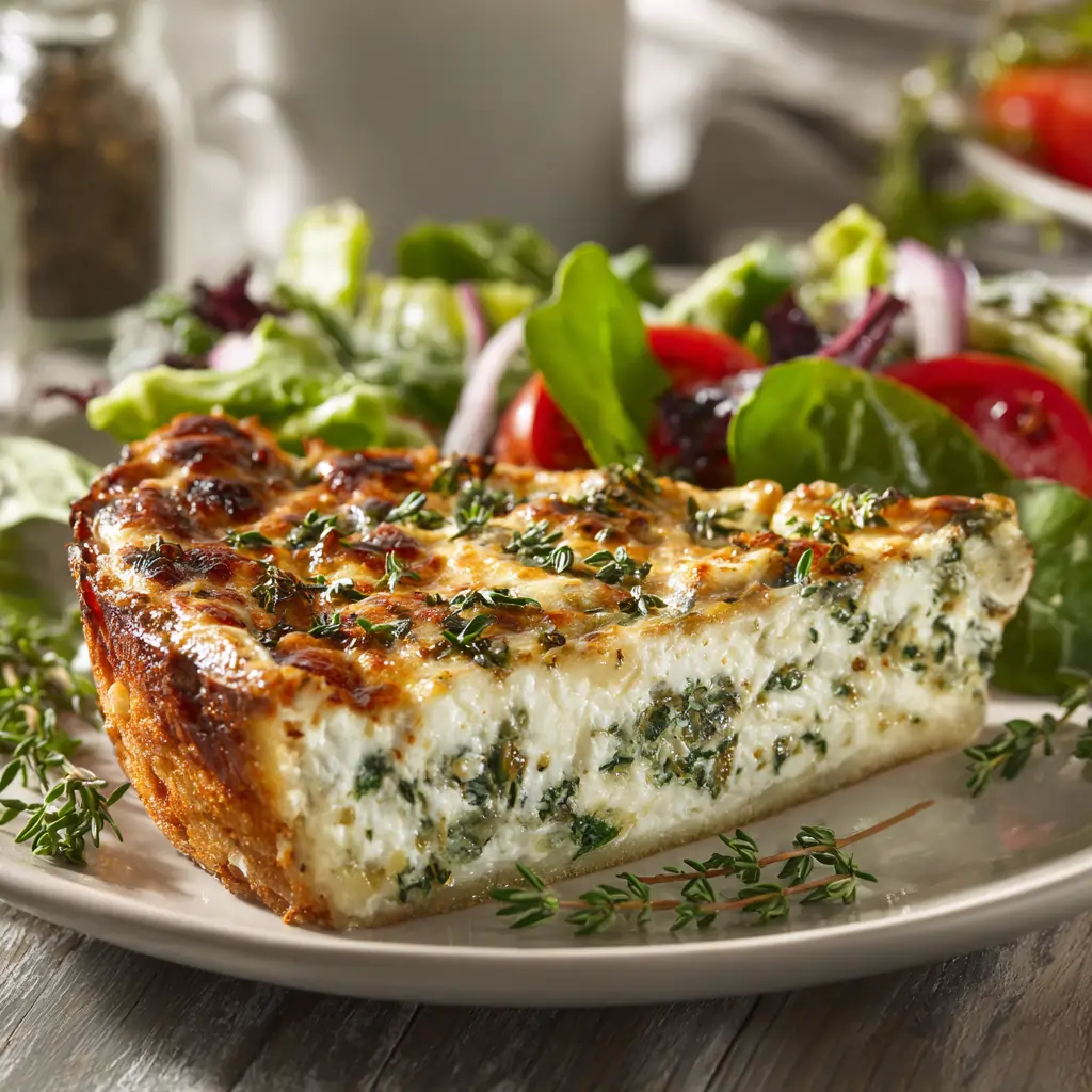 Slice of cottage cheese and spinach casserole served with salad Slice of cottage cheese and spinach casserole served with salad