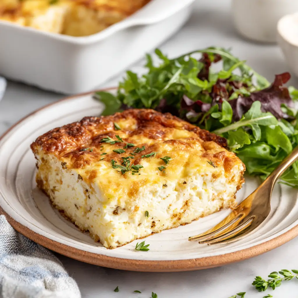 square slice of high protein cottage cheese casserole with greens square slice of high protein cottage cheese casserole with greens