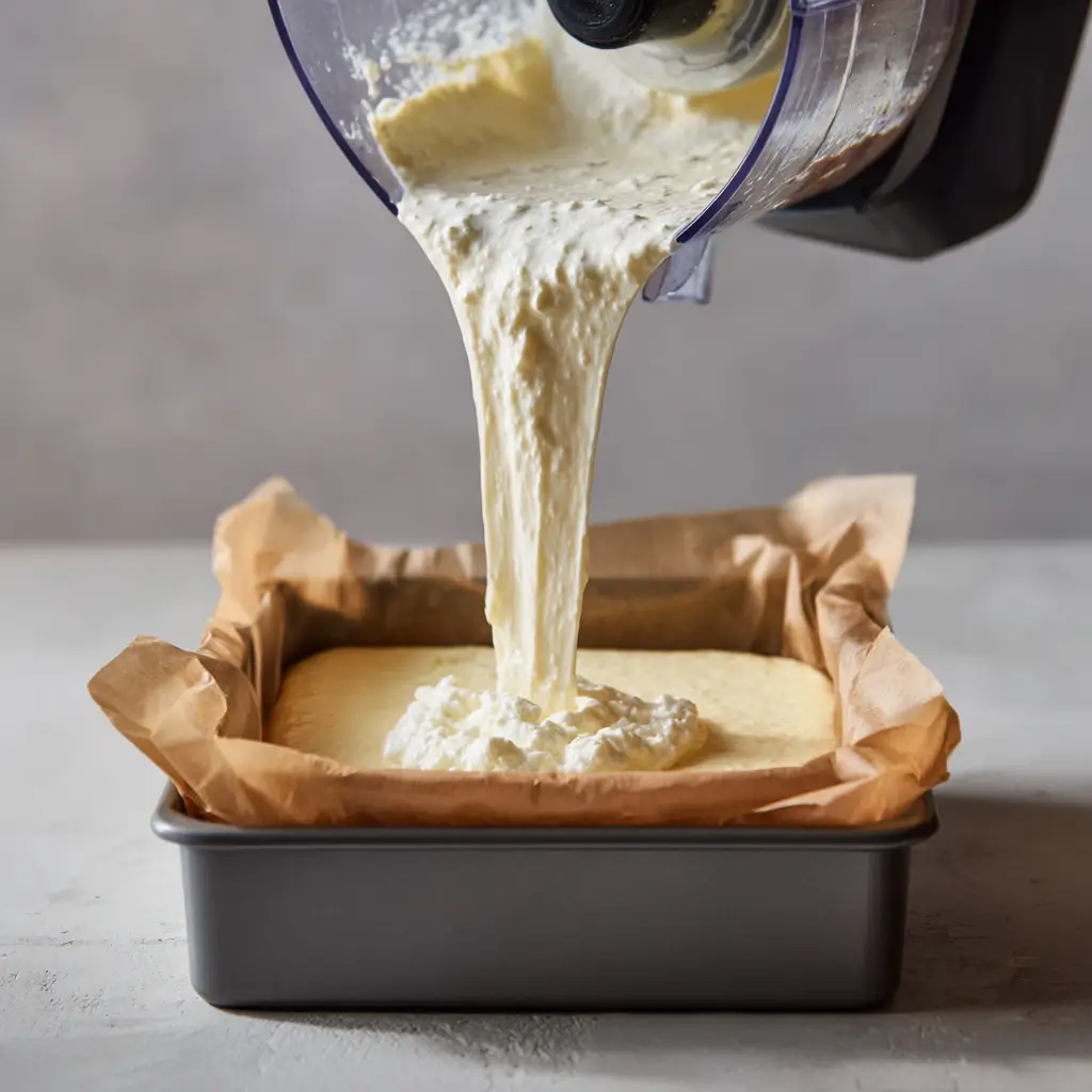 Blending cottage cheese mixture for high protein cheesecake