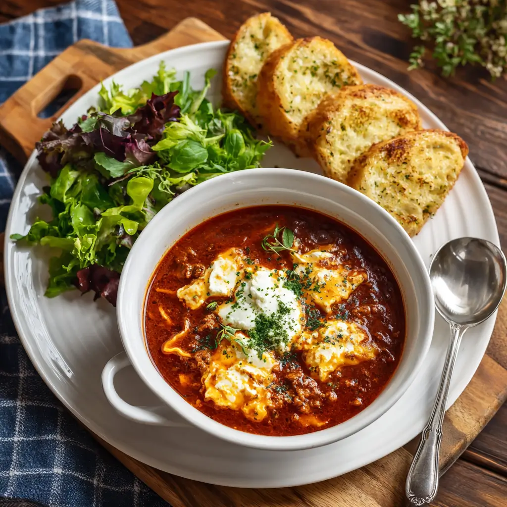 Bowl of lasagna soup with cottage cheese served with garlic bread and fresh green salad on a white plate