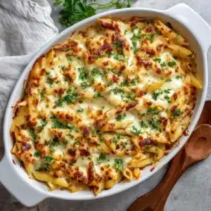 Cottage cheese Alfredo pasta bake recipe finished and ready to serve