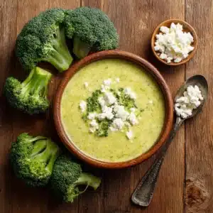 Creamy broccoli soup with cottage cheese served in a wooden bowl