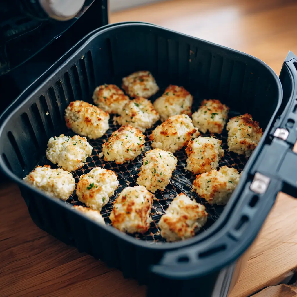 Crispy Cottage Cheese Delights cooking in an air fryer basket