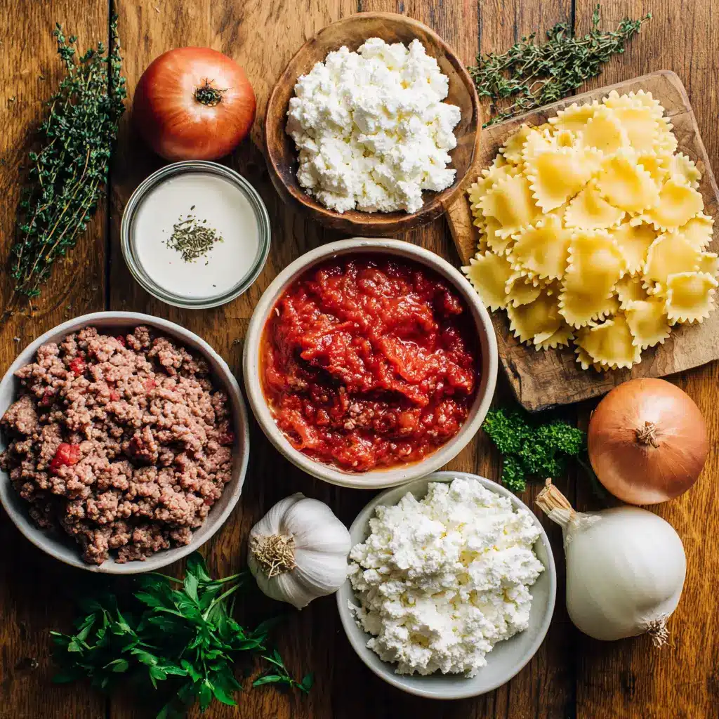 Fresh ingredients for lasagna soup with cottage cheese including ground beef, pasta, tomato sauce, herbs, and dairy