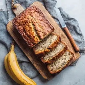 Freshly baked high protein banana bread with cottage cheese, sliced on wooden board