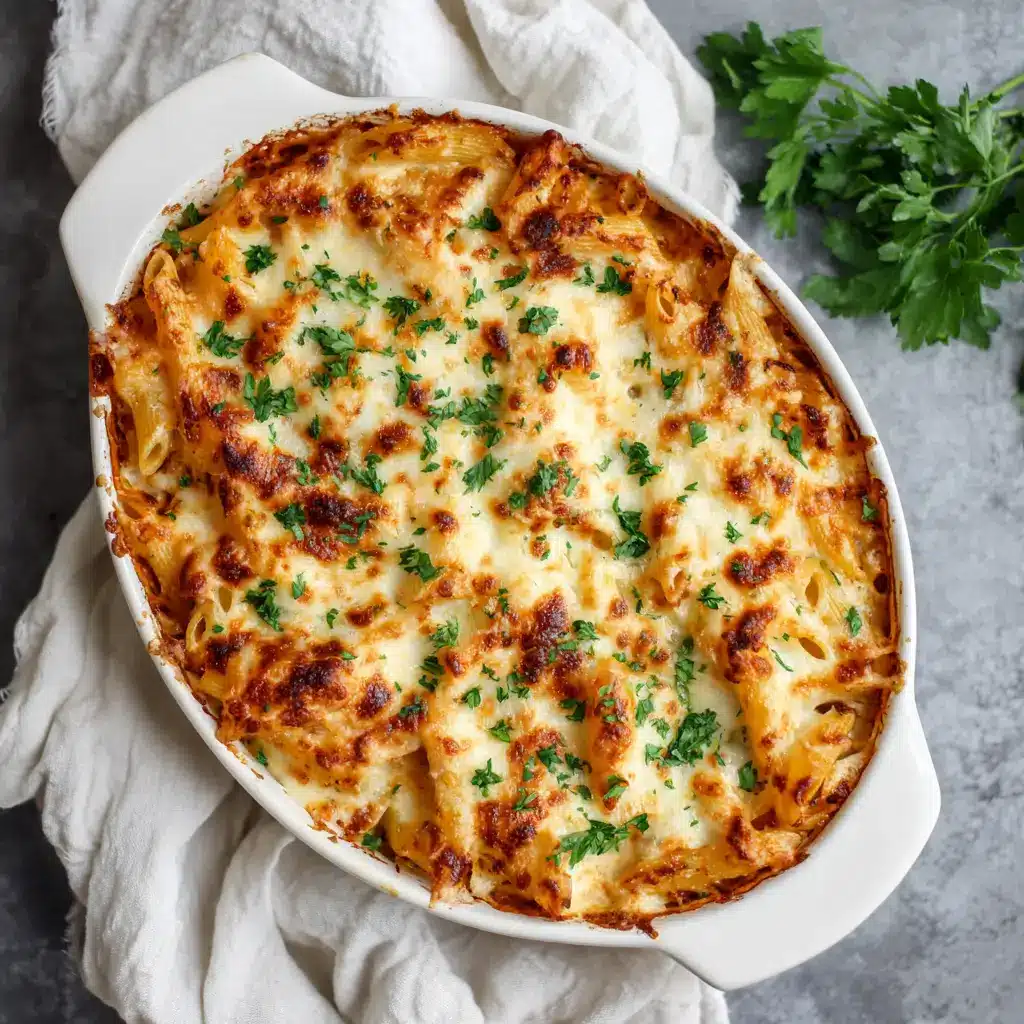 Golden baked cottage cheese Alfredo pasta in white dish with herbs