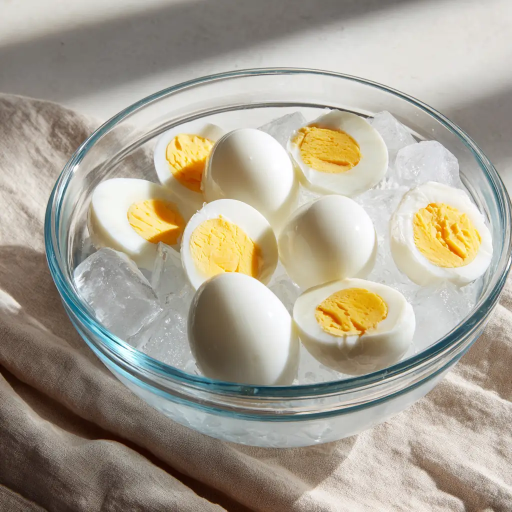 Hard-boiled eggs cooling in an ice bath for deviled egg prep