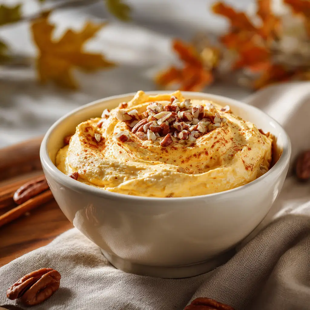 Healthy and Easy Pumpkin Whipped Cottage Cheese in a white ceramic bowl topped with chopped pecans