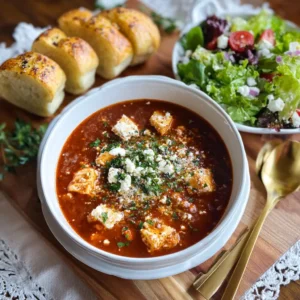 Healthy lasagna soup with cottage cheese topped with herbs and parmesan, served with salad and garlic rolls