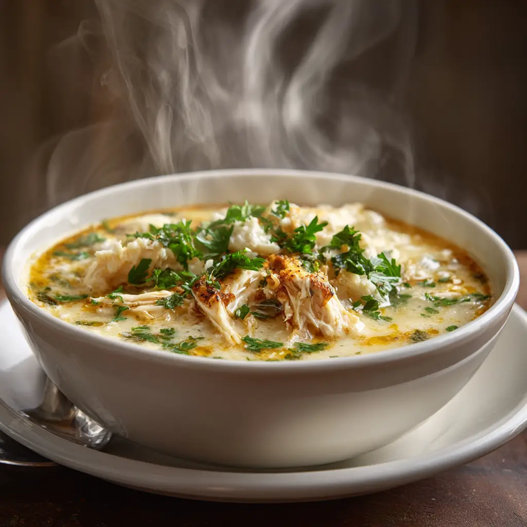 Hot cottage cheese chicken soup served in a white bowl with steam rising