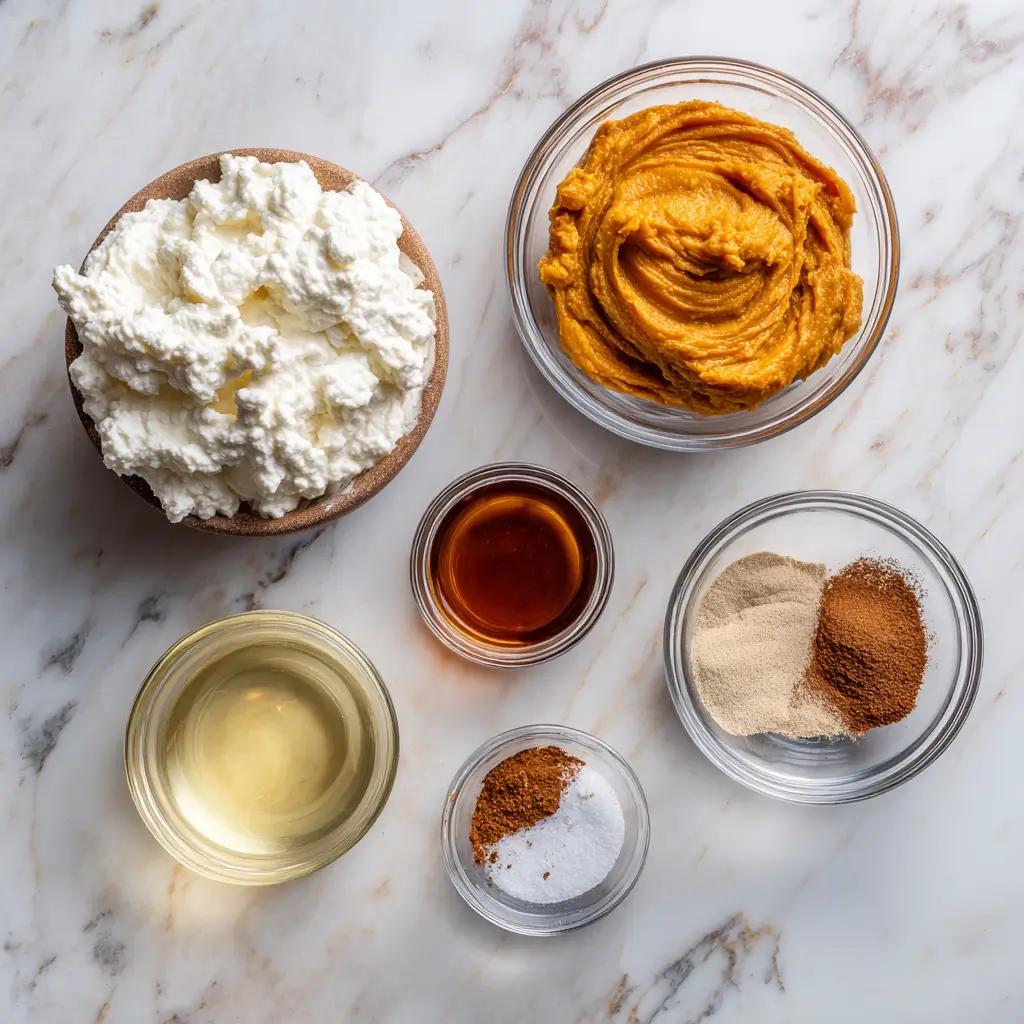 Ingredients for Healthy Pumpkin Whipped Cottage Cheese on marble surface